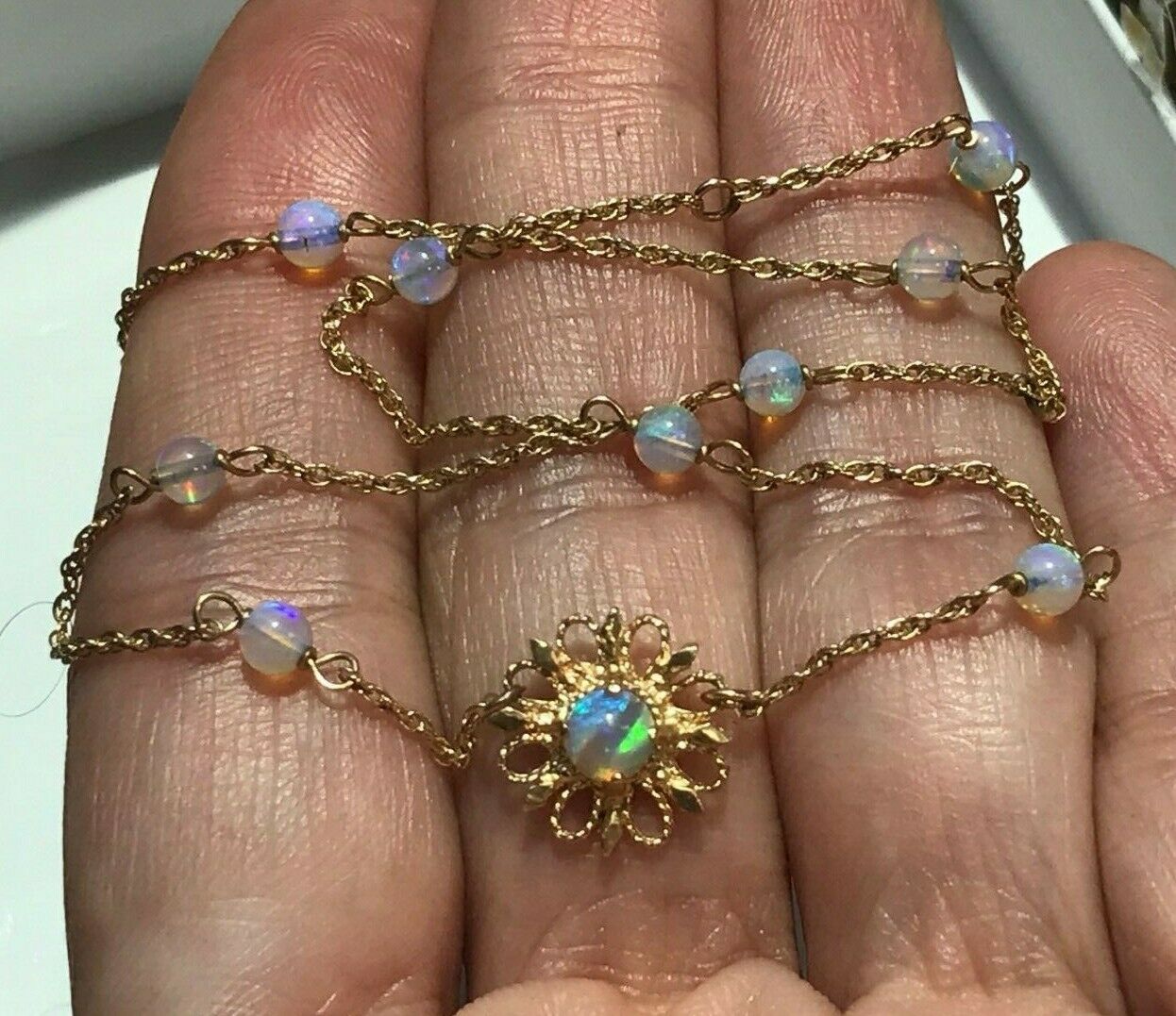 14k Yellow Gold Australian Crystal Opal Bead Necklace**VIDEO**