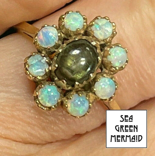 14k Yellow Gold Australian Jelly Opal Halo & Black Star Sapphire Ring