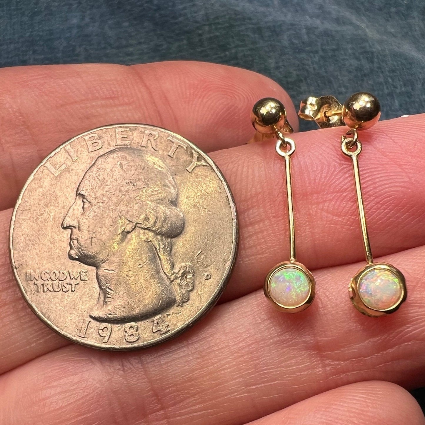 14k Yellow Gold Australian Opal 1" Drop Dangle Earrings
