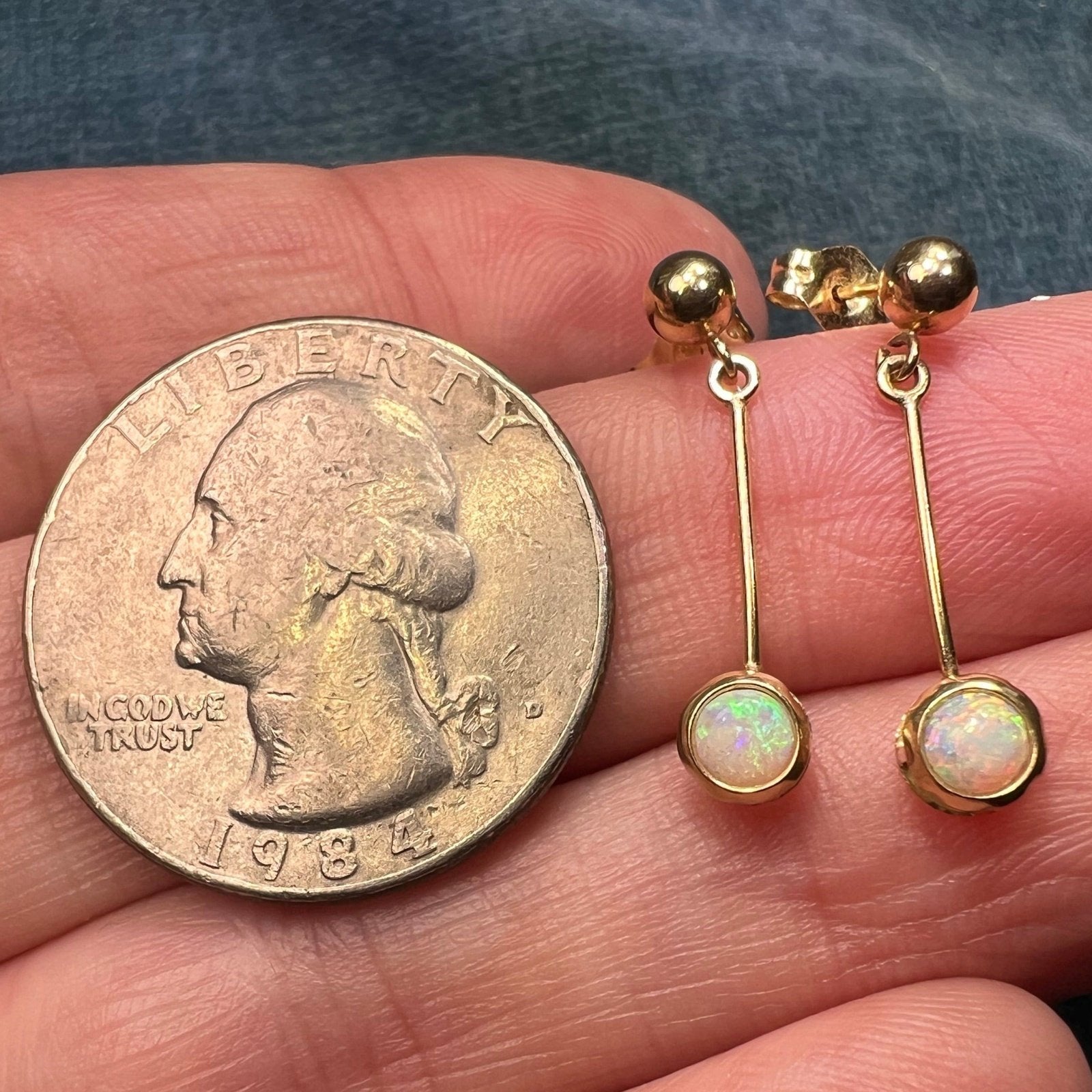 14k Yellow Gold Australian Opal 1" Drop Dangle Earrings