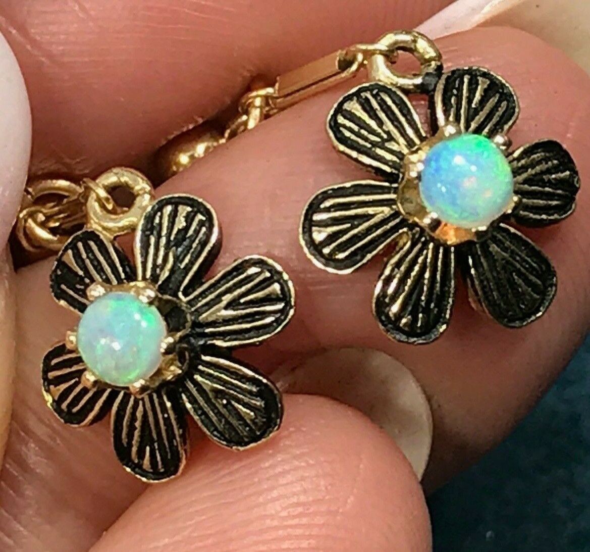 14k Yellow Gold Australian Opal Earrings. Dangly Deco Posies