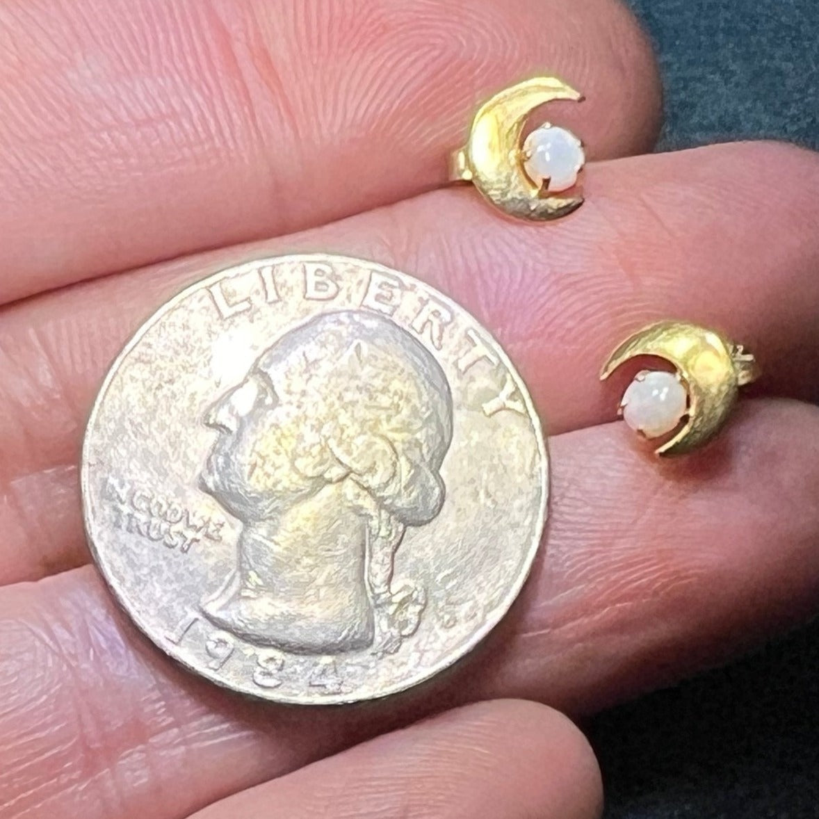 14k Yellow Gold Australian Opal Earrings w Crescent Moons. TINY! *Video*