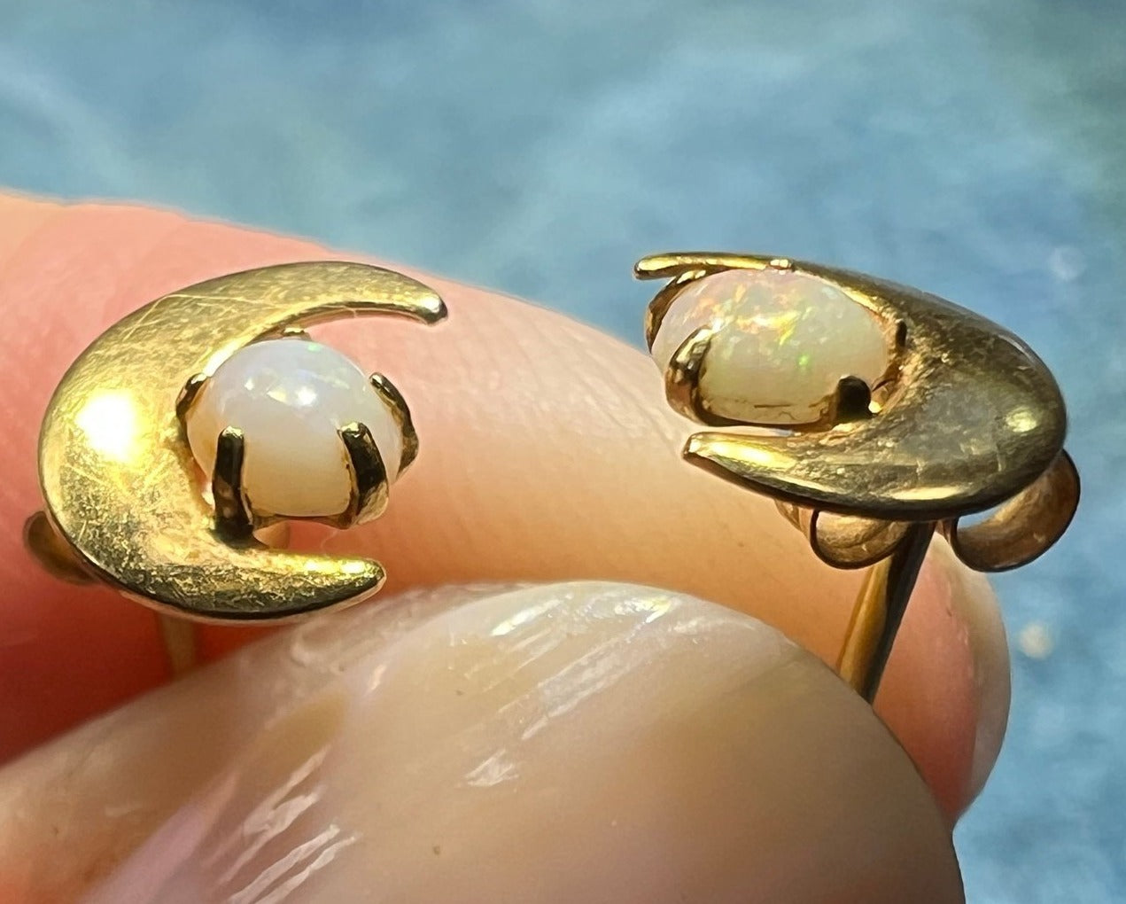 14k Yellow Gold Australian Opal Earrings w Crescent Moons. TINY! *Video*
