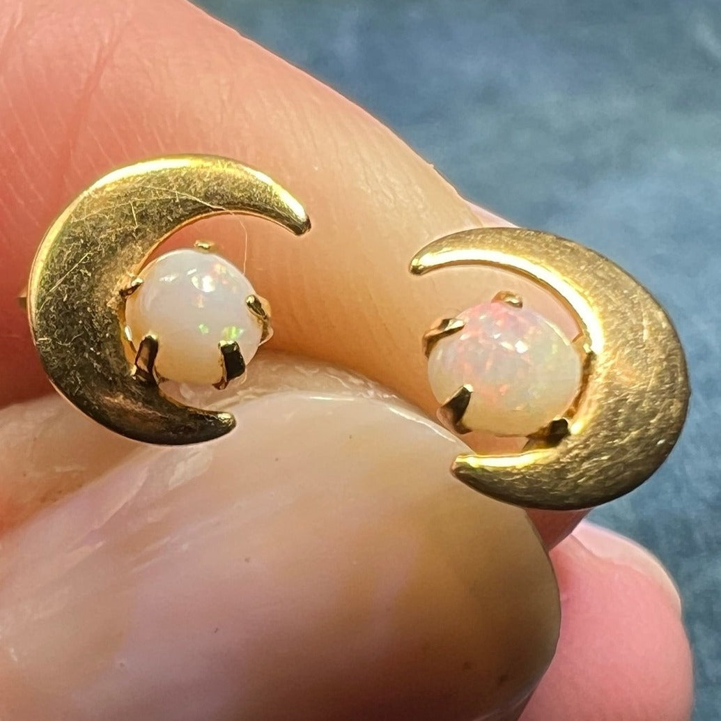 14k Yellow Gold Australian Opal Earrings w Crescent Moons. TINY! *Video*