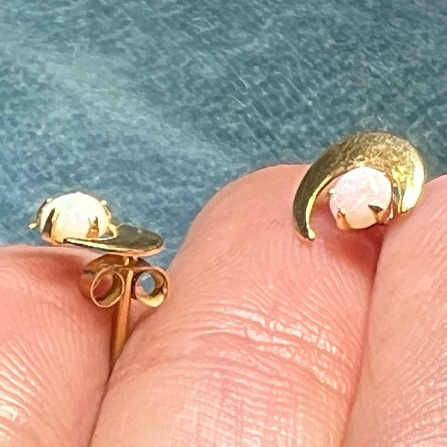 14k Yellow Gold Australian Opal Earrings w Crescent Moons. TINY! *Video*