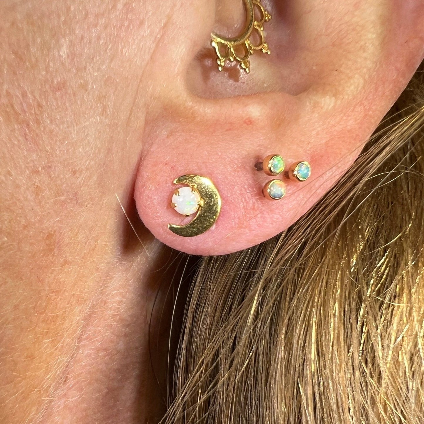 14k Yellow Gold Australian Opal Earrings w Crescent Moons. TINY! *Video*