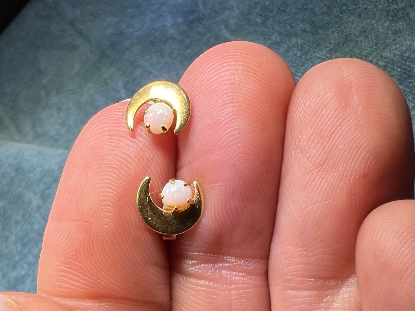 14k Yellow Gold Australian Opal Earrings w Crescent Moons. TINY! *Video*