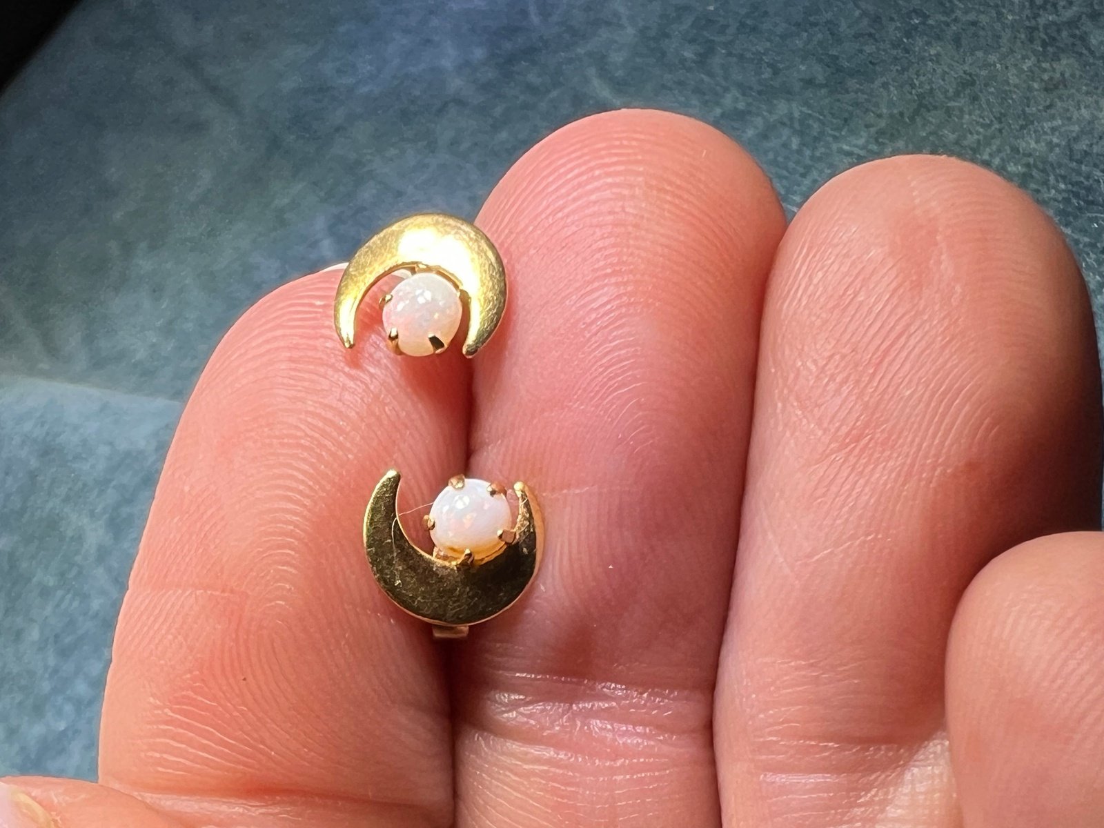 14k Yellow Gold Australian Opal Earrings w Crescent Moons. TINY! *Video*