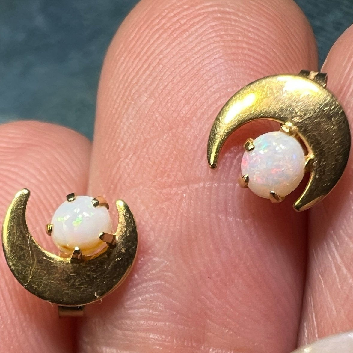14k Yellow Gold Australian Opal Earrings w Crescent Moons. TINY! *Video*