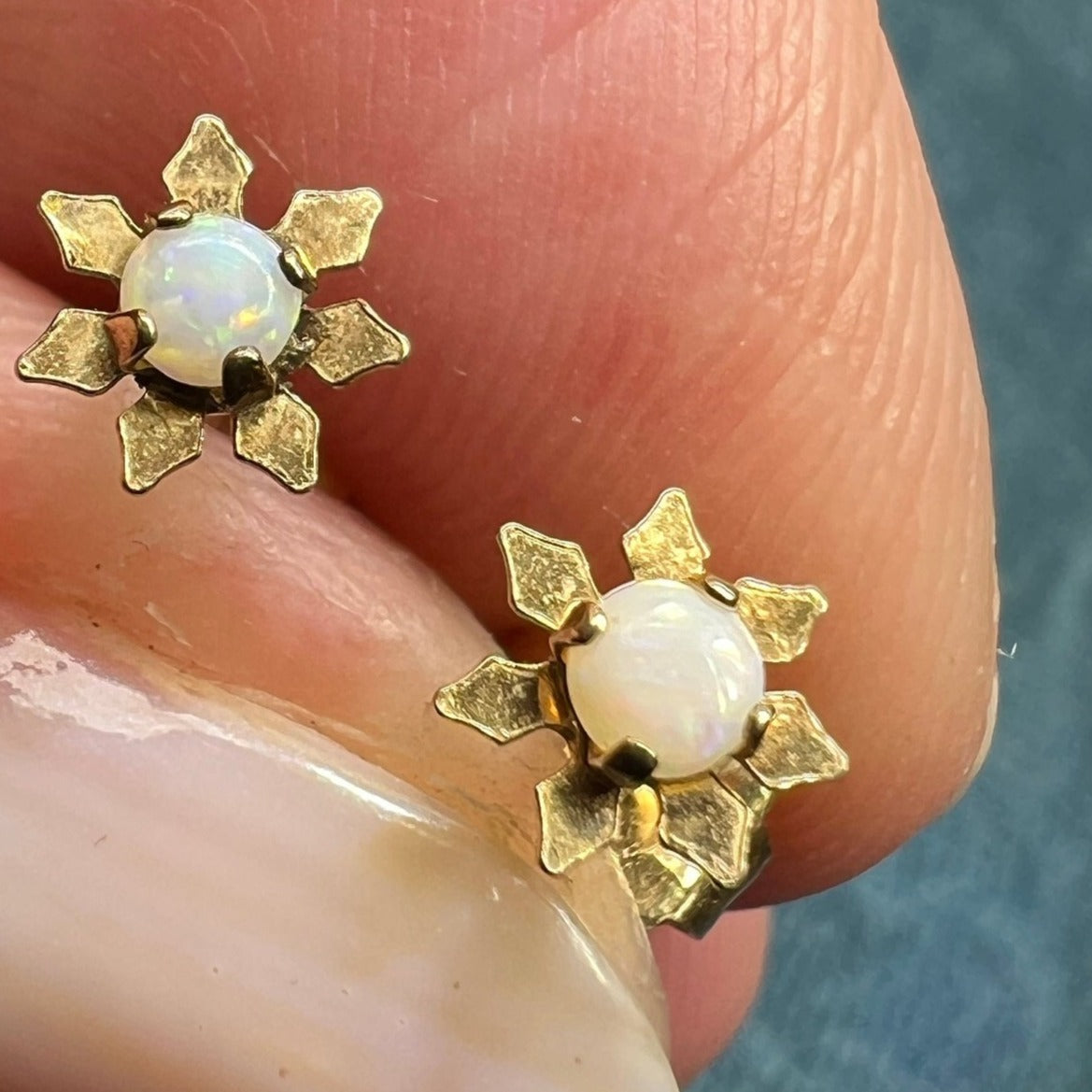 14k Yellow Gold Australian Opal Flower Daisy Earrings. TINY! *Video*