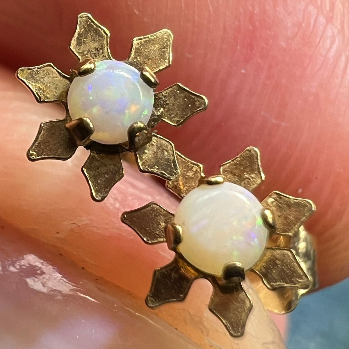 14k Yellow Gold Australian Opal Flower Daisy Earrings. TINY! *Video*