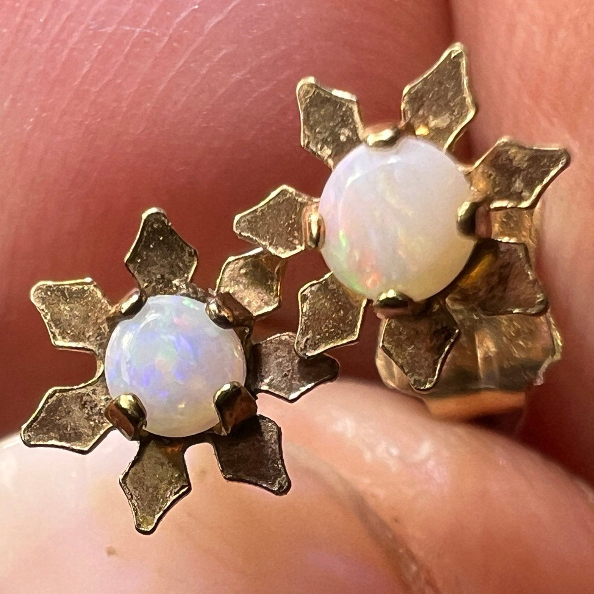 14k Yellow Gold Australian Opal Flower Daisy Earrings. TINY! *Video*
