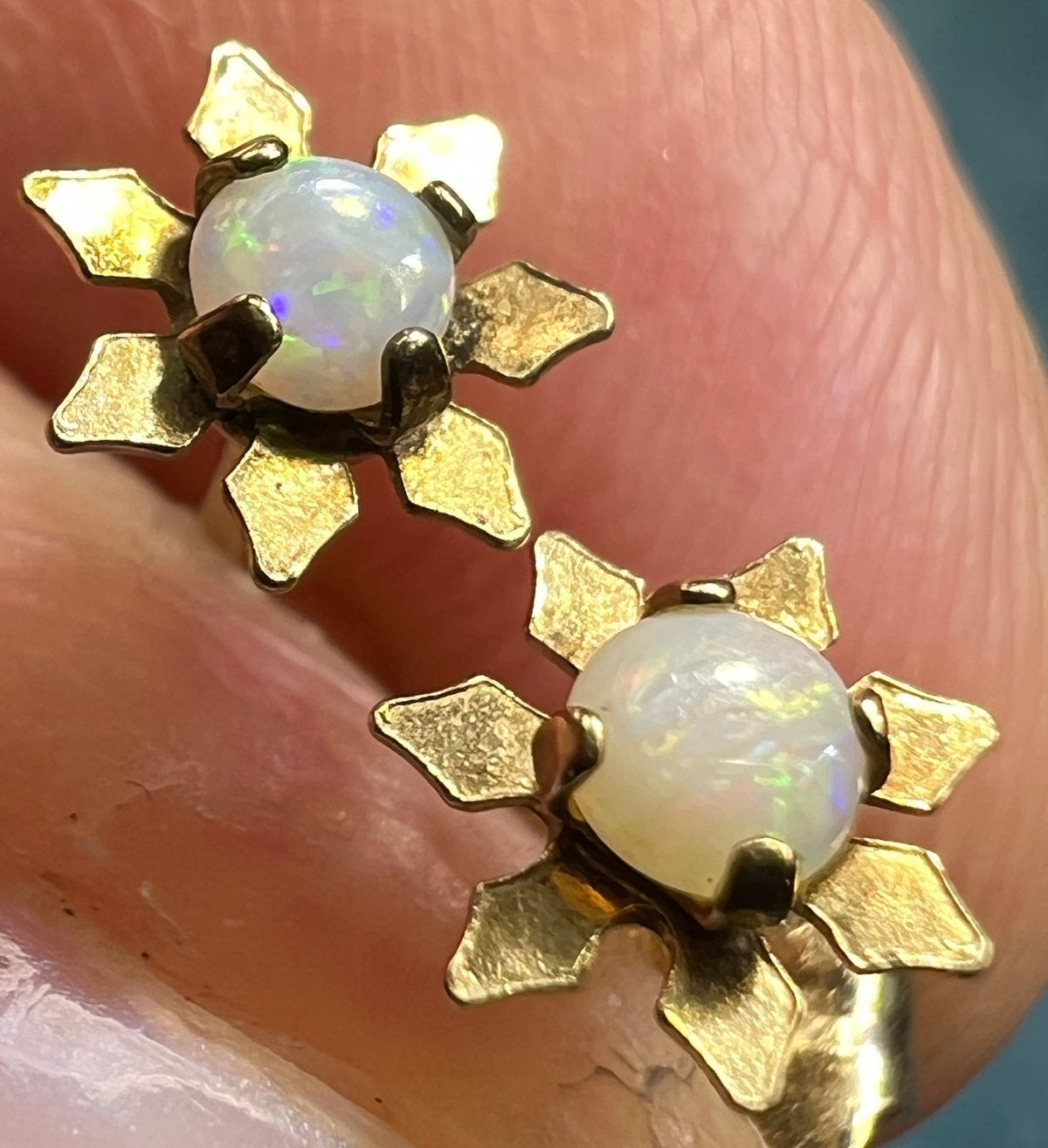 14k Yellow Gold Australian Opal Flower Daisy Earrings. TINY! *Video*