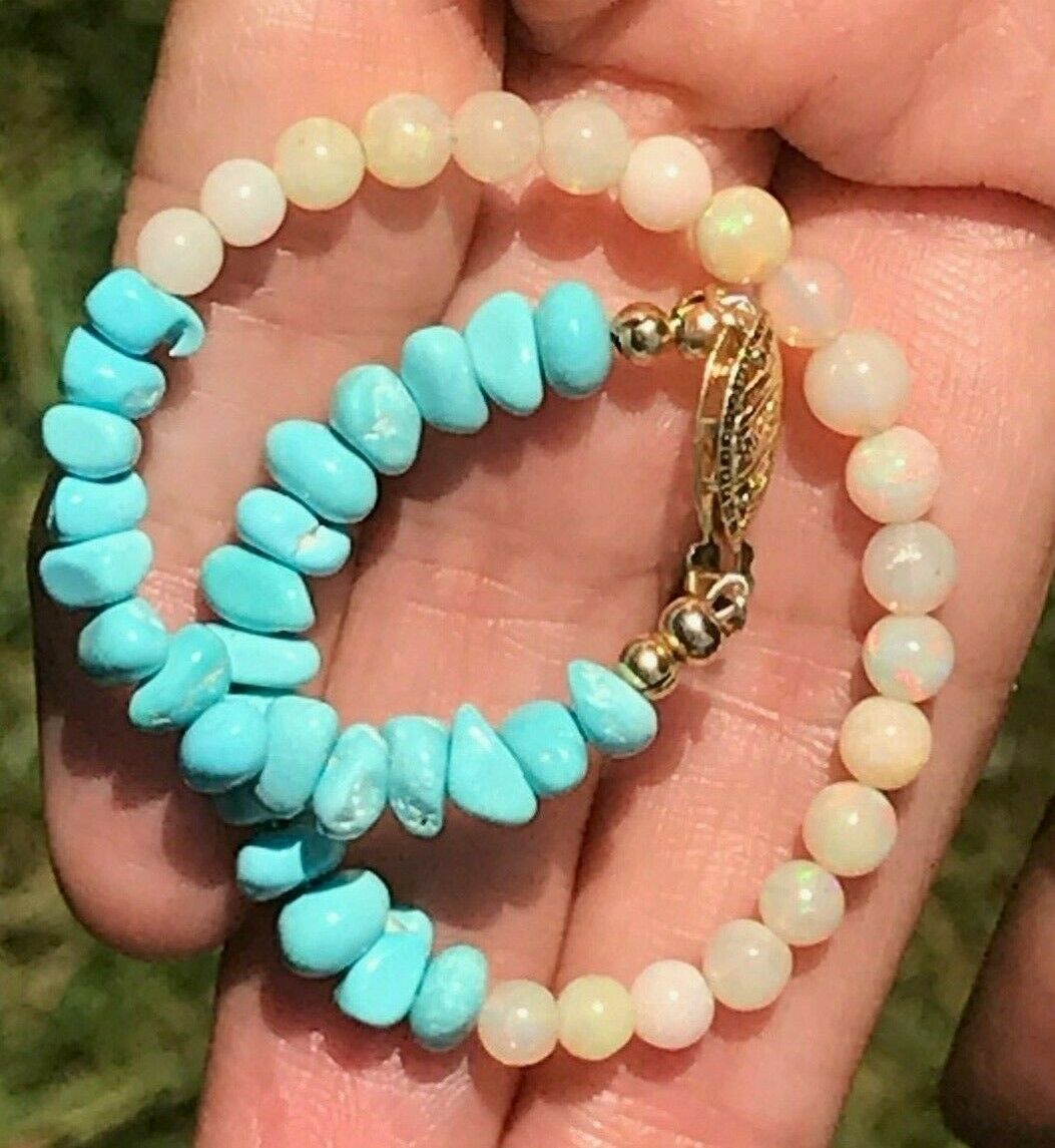 14k Yellow Gold Australian Opal & Turquoise Nugget Bracelet