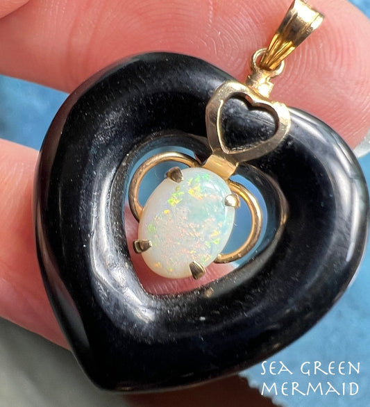 14k Yellow Gold Australian Opal in Onyx Heart Pendant *Video*