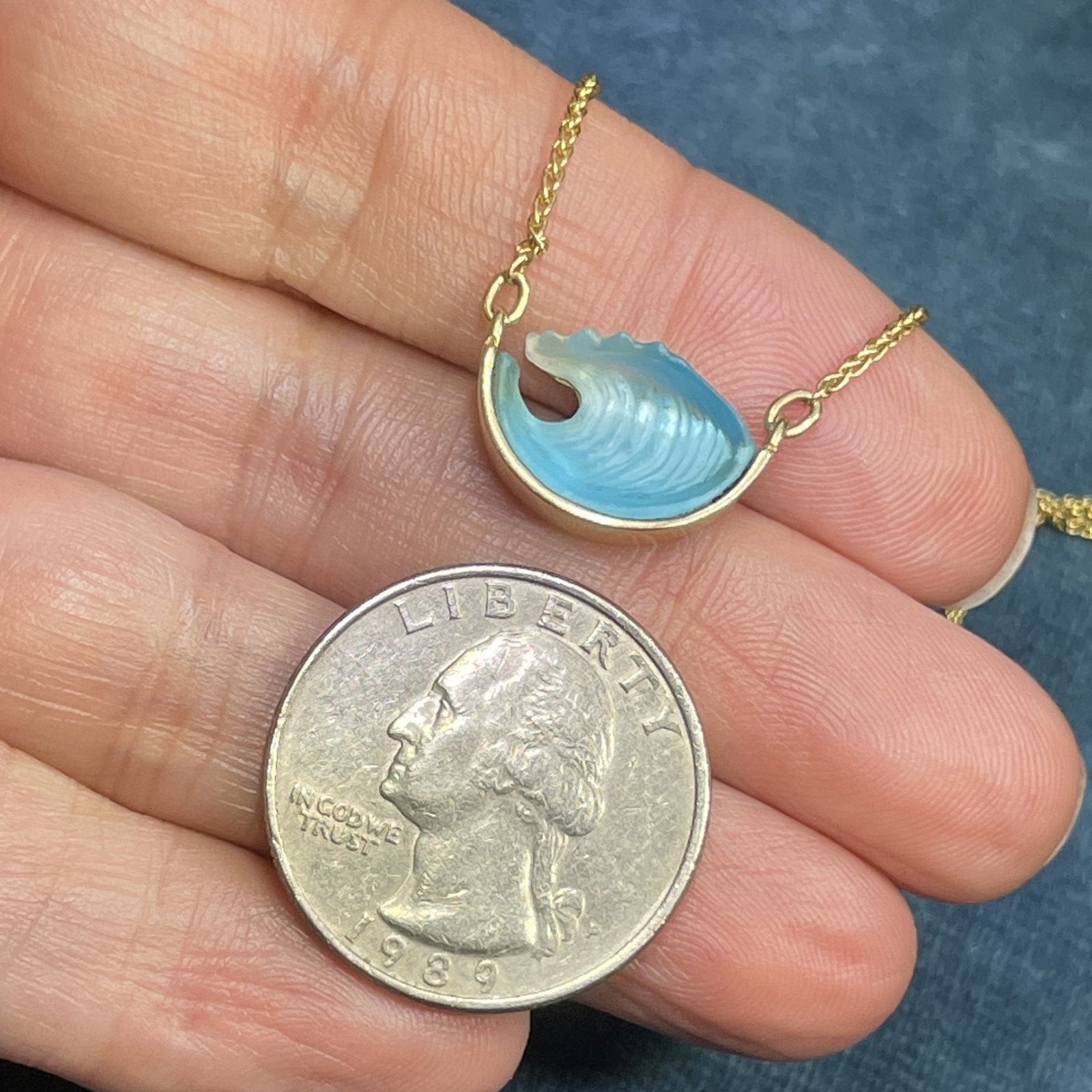 14k Yellow Gold BEZAK WAVE Pendant Dedicated Chain Necklace Sea Green Mermaid