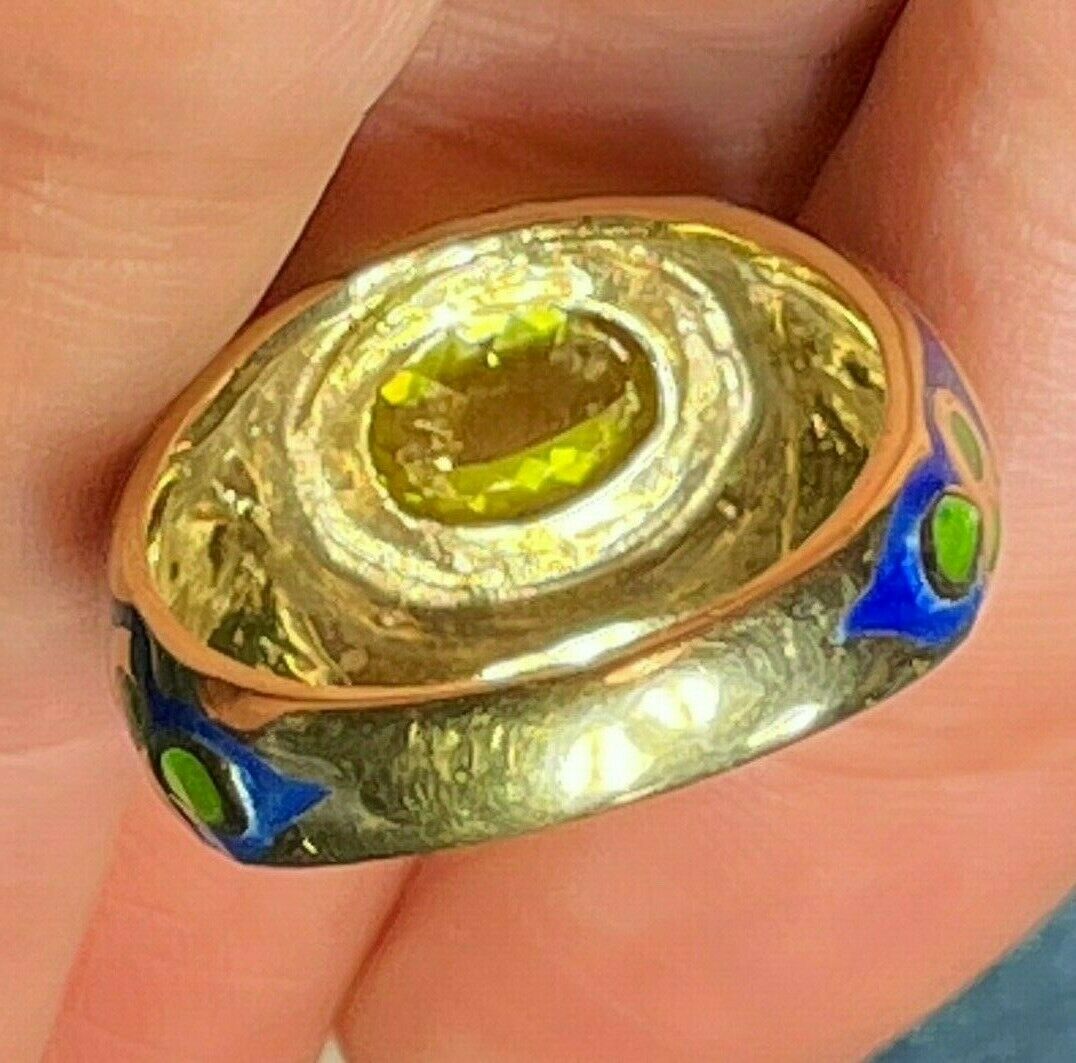 14k Yellow Gold Bezel-Set Peridot & PEACOCK FEATHER Enamel Ring. 7.5g_b428_1_21