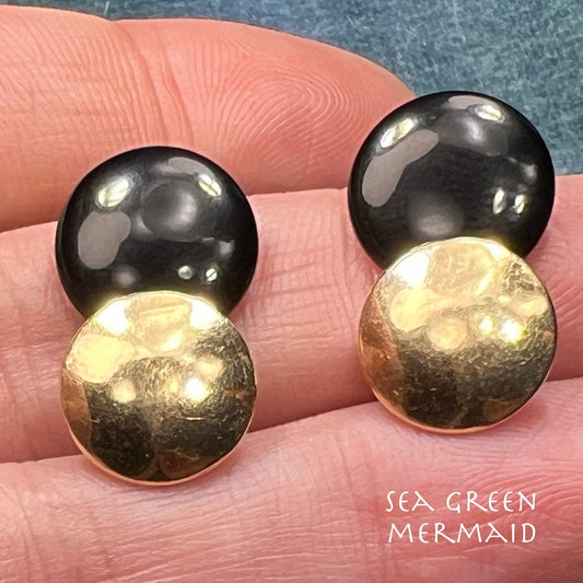 14k Yellow Gold + Black Onyx 2 Disks Lunar ECLIPSE Earrings
