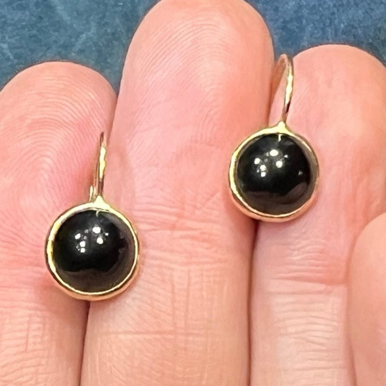 14k Yellow Gold Black Onyx Cabochon Leverback Earrings
