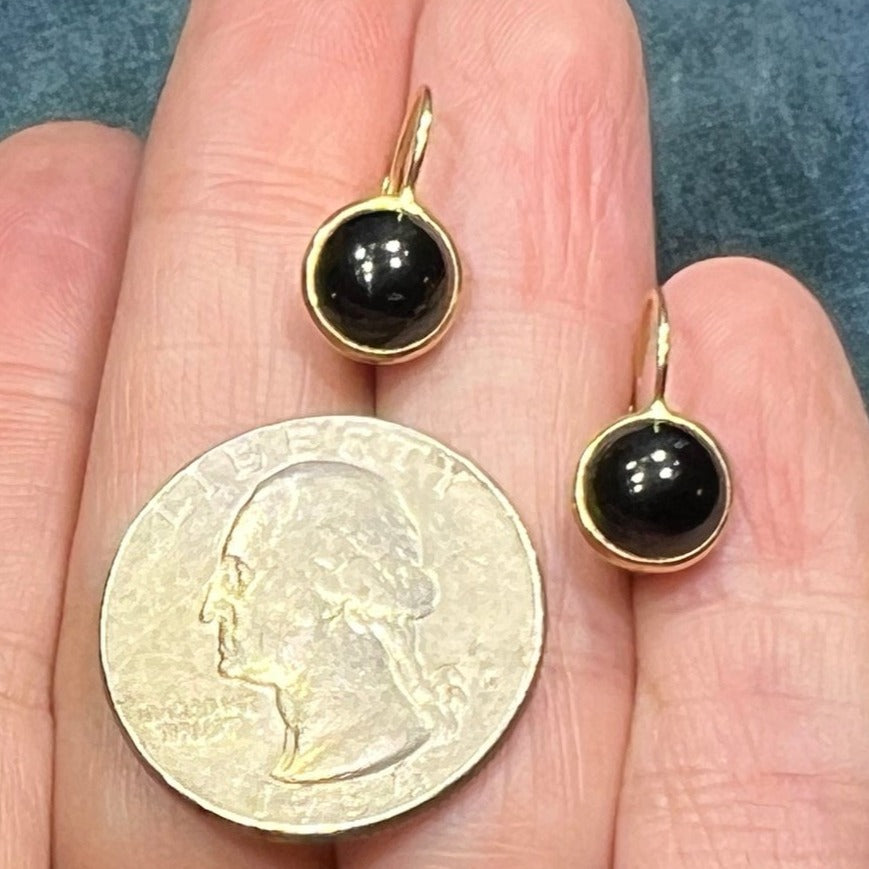 14k Yellow Gold Black Onyx Cabochon Leverback Earrings