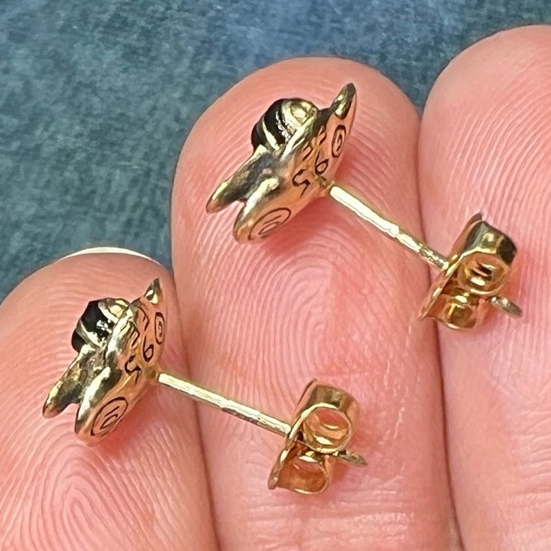 14k Yellow Gold Bumble BEE Earrings. Designer TINY Sea Green
