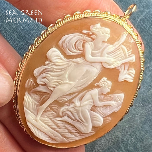 14k Yellow Gold Cameo Pendant Sister Musicians Playing Harp Duet. 2" + 8g