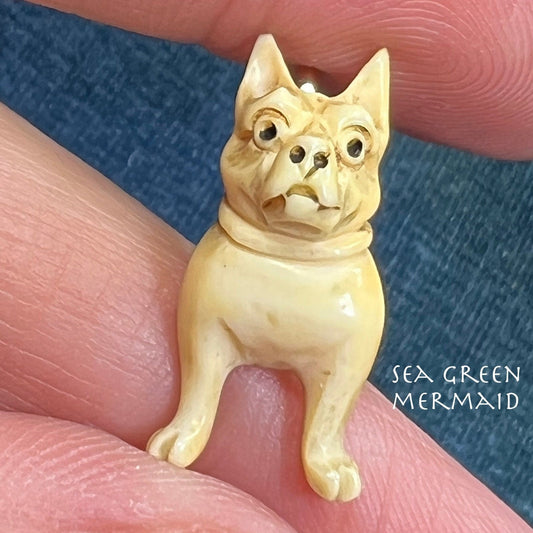 14k Yellow Gold Carved French BULLDOG Pendant. Antique