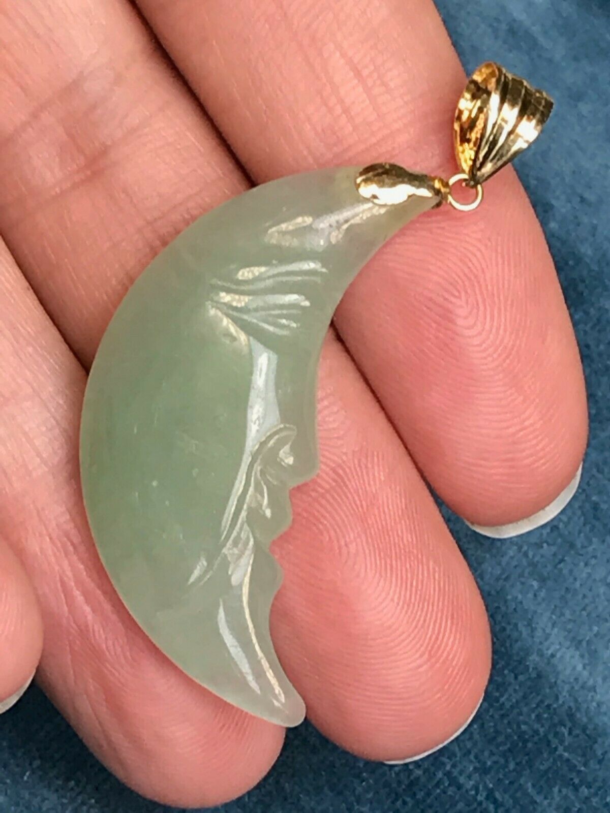14k Yellow Gold Carved Jade Crescent "Man in Moon" Face Pendant. Large 2"-K7L7J