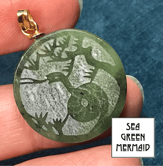 14k Yellow Gold Carved Jade Disk Pendant w Snake Under a Tree-b84_19