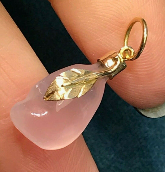 14k Yellow Gold Carved Pink Quartz Pear w Leaf Pendant