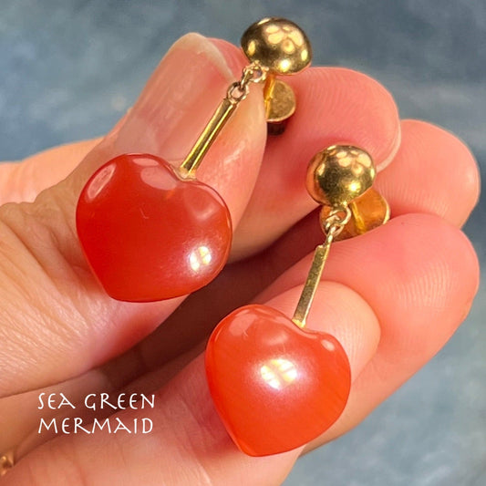 14k Yellow Gold Carved Red Carnelian Heart Dangle Earrings. Custom Backs