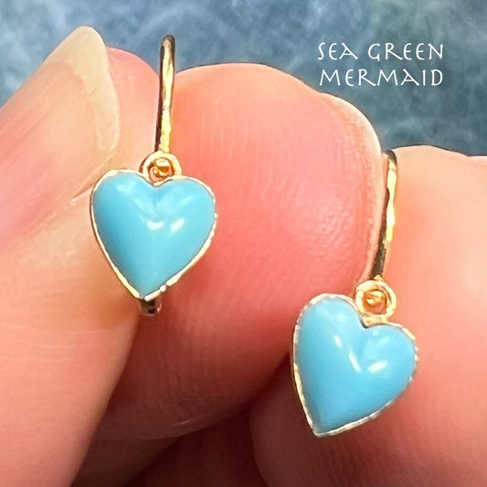 14k Yellow Gold Carved Turquoise Heart Dormeuse Earrings. Tiny!