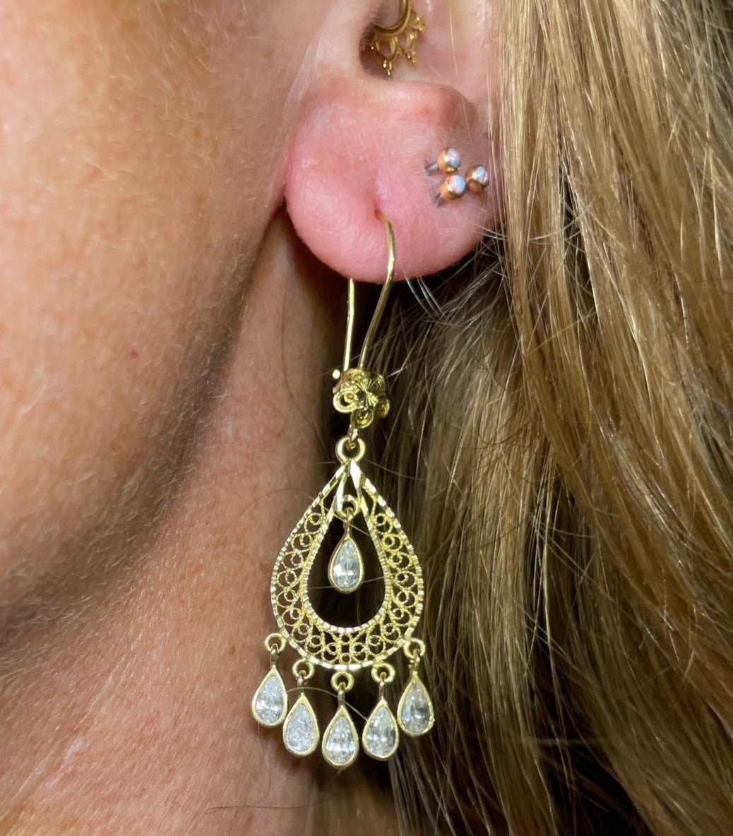 14k Yellow Gold Chandelier Gypsy Teardrop Earrings. 2"
