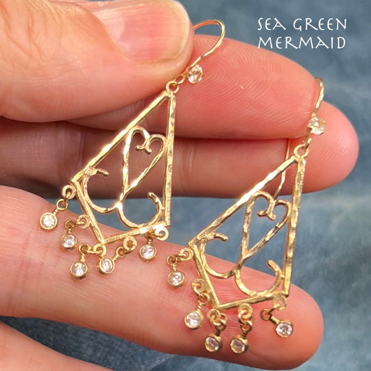 14k Yellow Gold Chandelier Heart Filigree Topaz Earrings. 2"