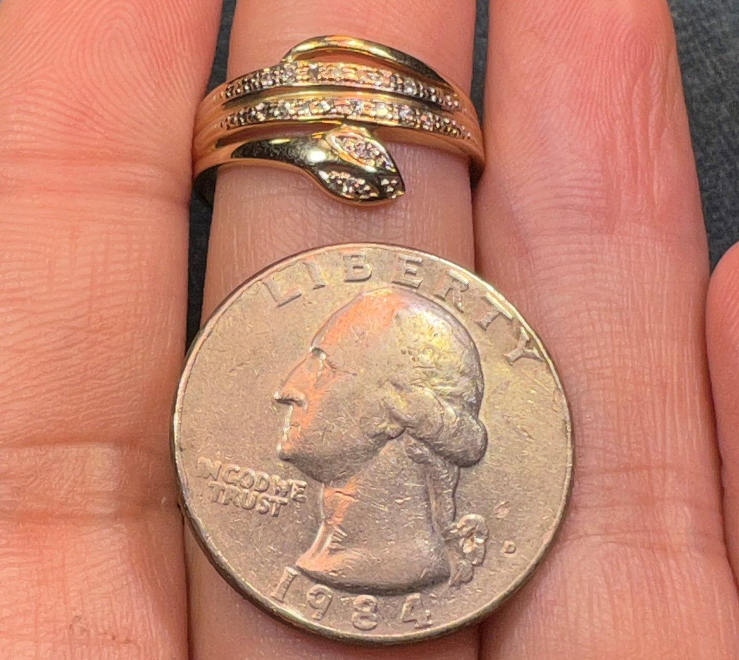 14k Yellow Gold Coiled Snake Ring w Diamond Eyes Nose & Tail