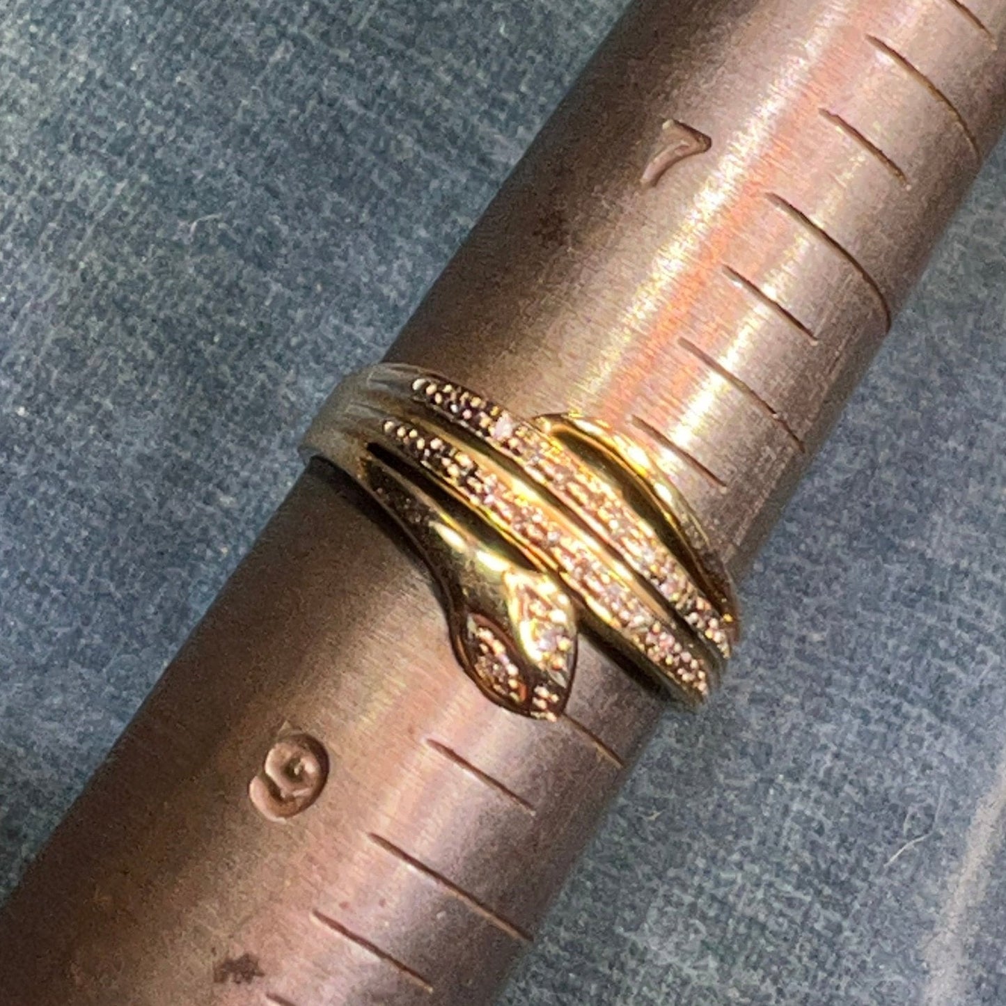 14k Yellow Gold Coiled Snake Ring w Diamond Eyes Nose & Tail
