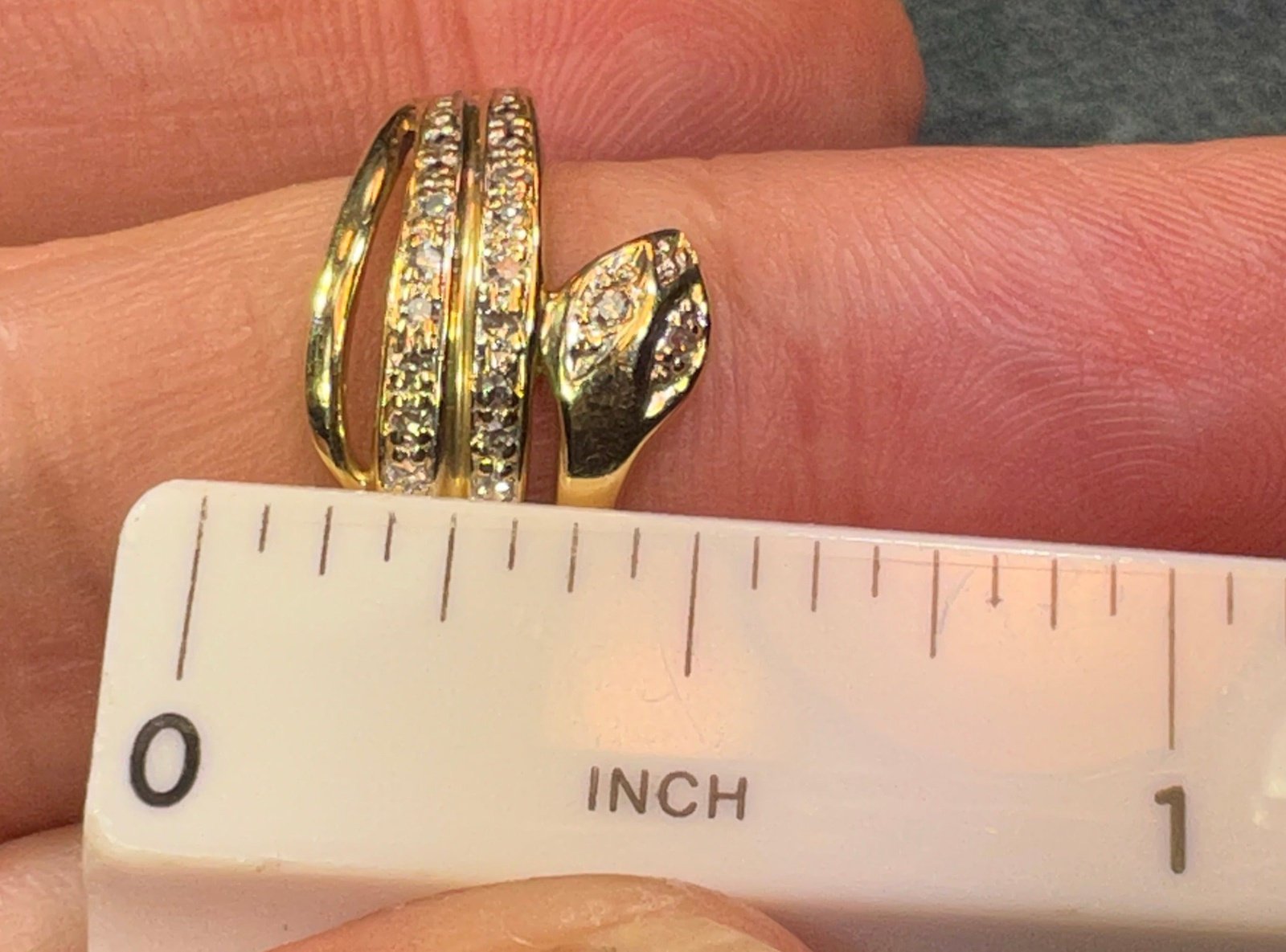 14k Yellow Gold Coiled Snake Ring w Diamond Eyes Nose & Tail
