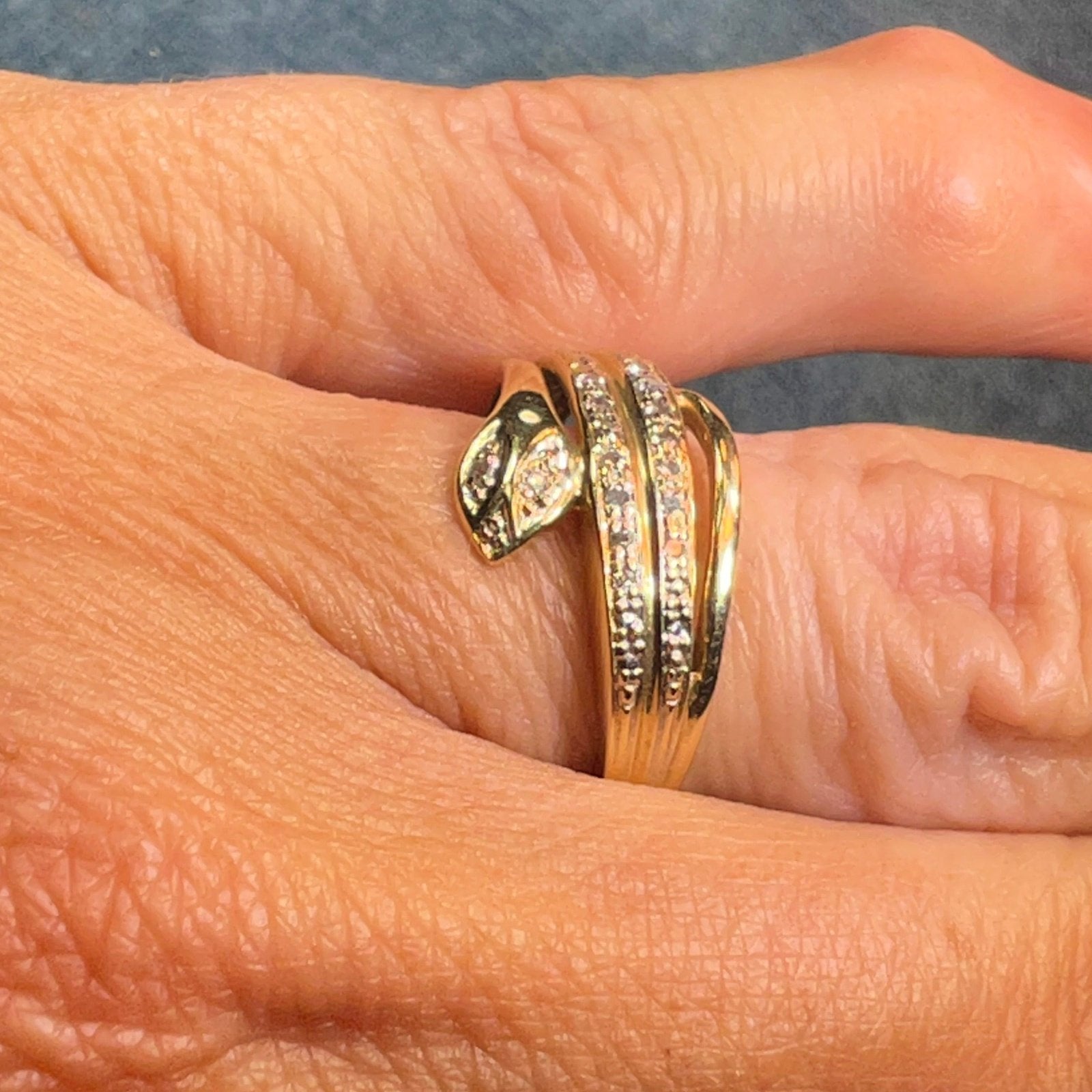 14k Yellow Gold Coiled Snake Ring w Diamond Eyes Nose & Tail