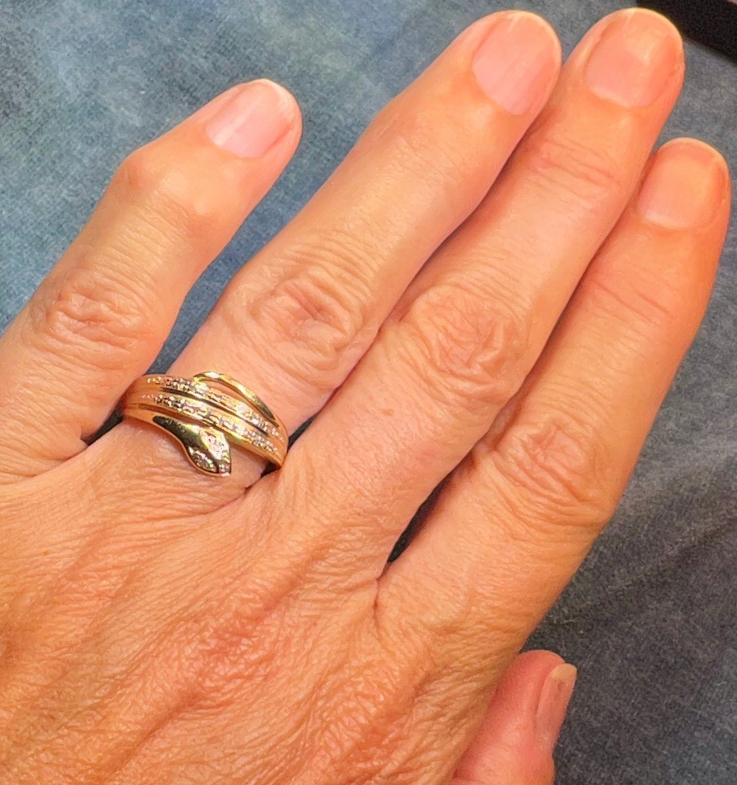 14k Yellow Gold Coiled Snake Ring w Diamond Eyes Nose & Tail