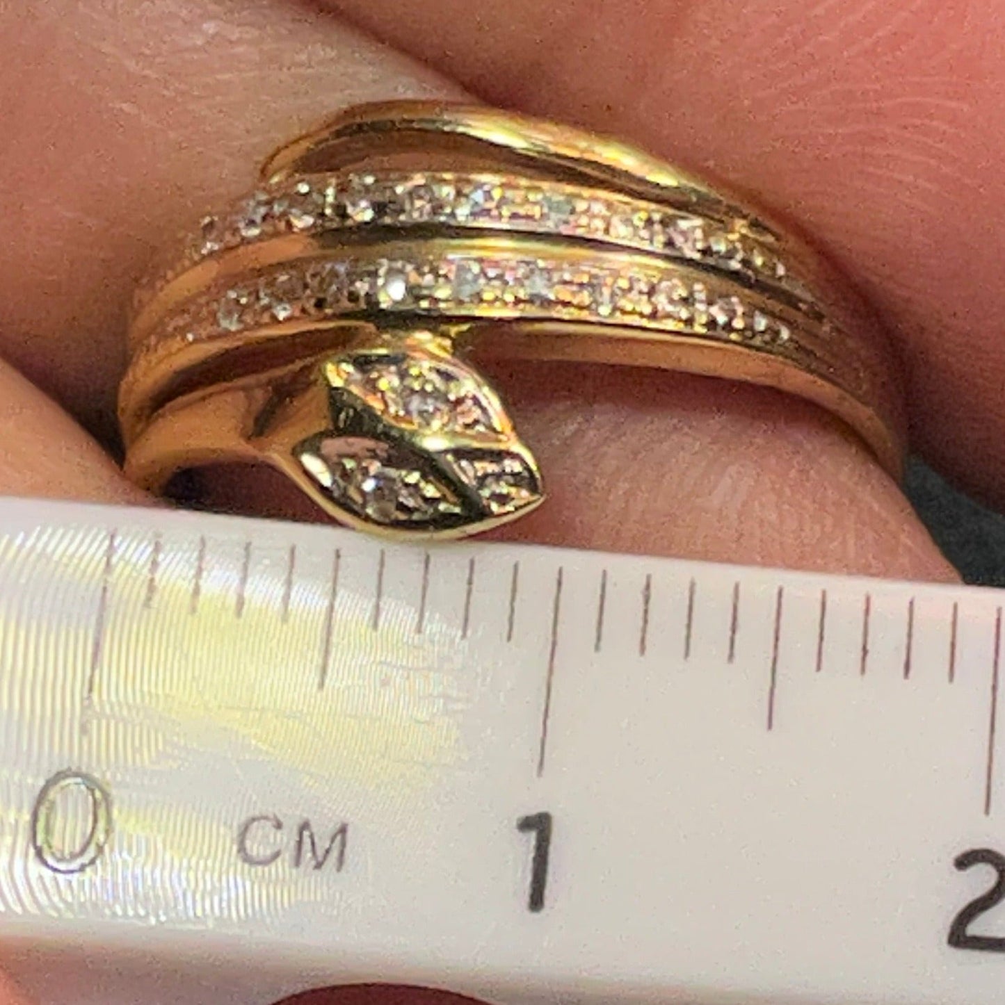 14k Yellow Gold Coiled Snake Ring w Diamond Eyes Nose & Tail