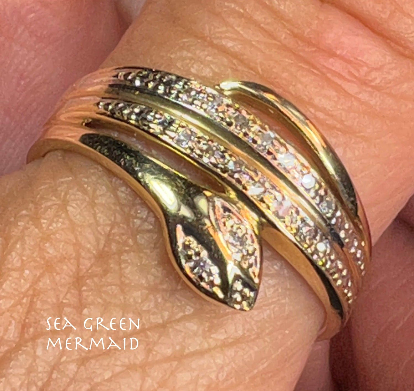 14k Yellow Gold Coiled Snake Ring w Diamond Eyes Nose & Tail