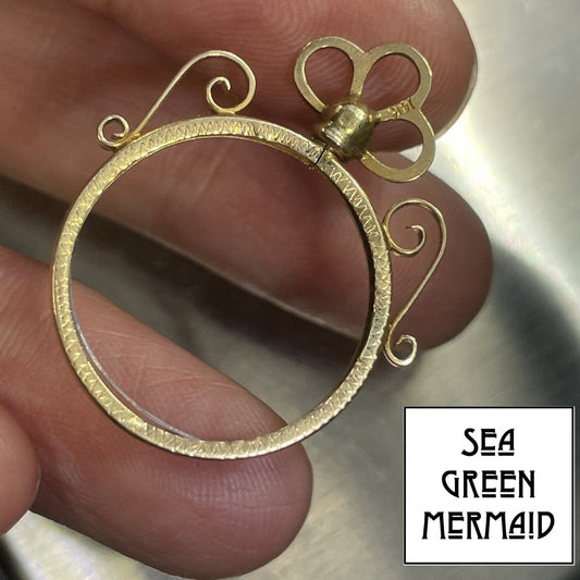 14k Yellow Gold Coin Holder Bezel Pendant. Lotus Flower Urn Design