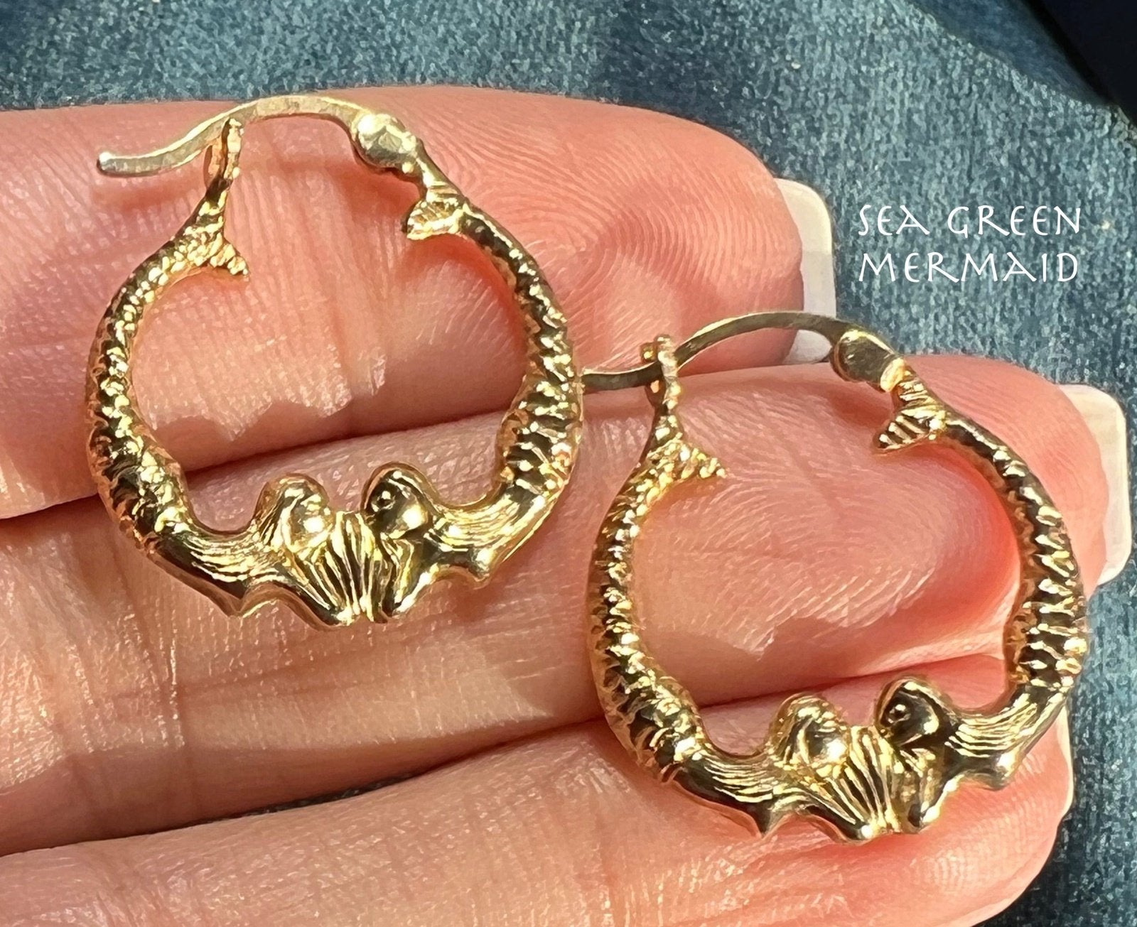 14k Yellow Gold DOUBLE MERMAID Hoop Earrings. Medium 0.9"