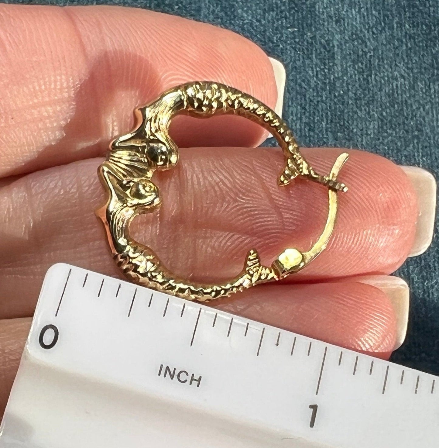 14k Yellow Gold DOUBLE MERMAID Hoop Earrings. Medium 0.9"