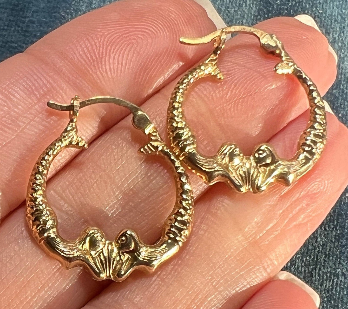 14k Yellow Gold DOUBLE MERMAID Hoop Earrings. Medium 0.9"