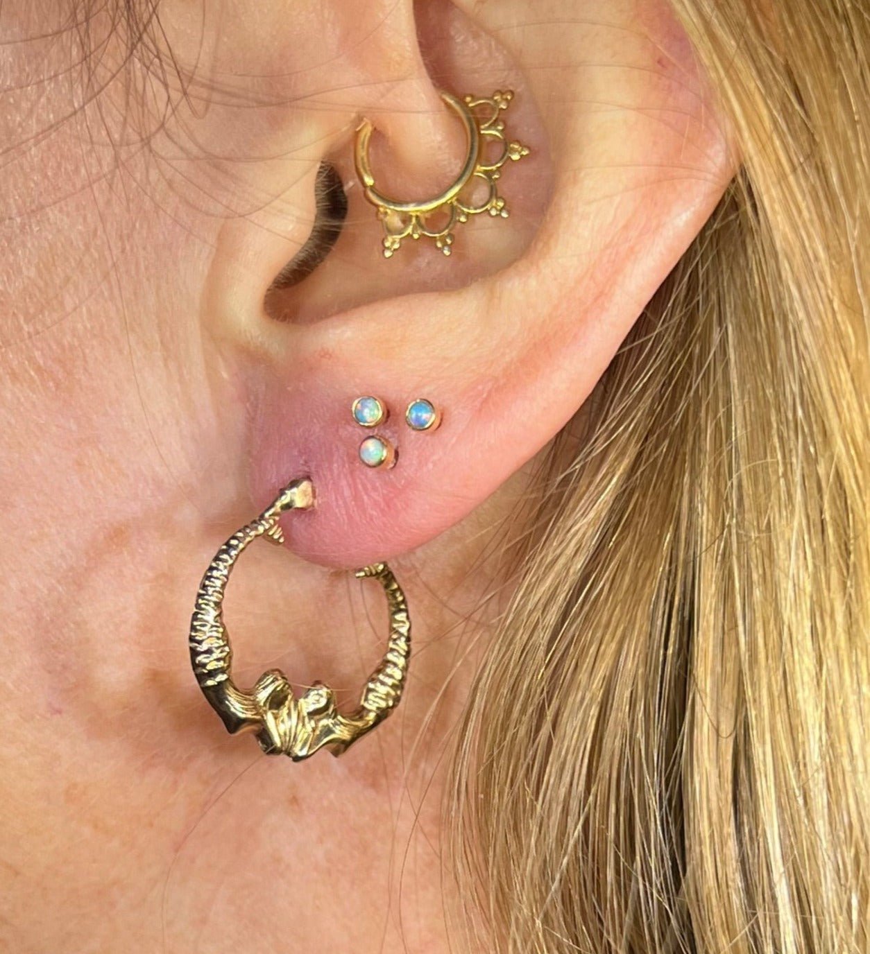 14k Yellow Gold DOUBLE MERMAID Hoop Earrings. Medium 0.9"