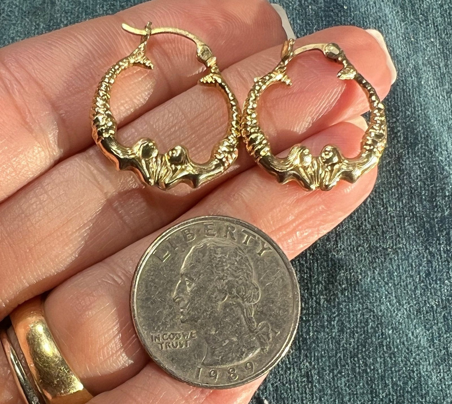 14k Yellow Gold DOUBLE MERMAID Hoop Earrings. Medium 0.9"