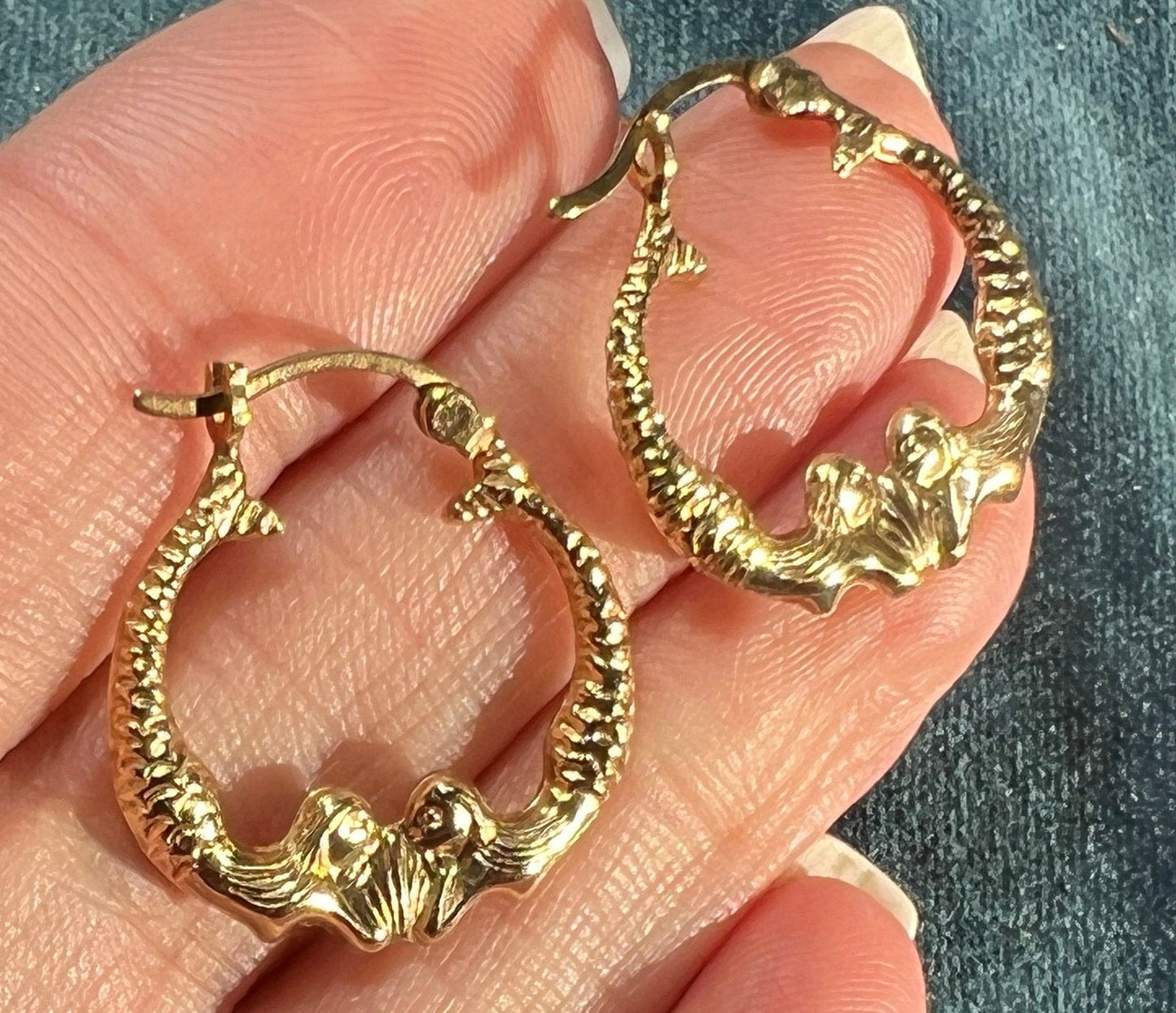 14k Yellow Gold DOUBLE MERMAID Hoop Earrings. Medium 0.9"