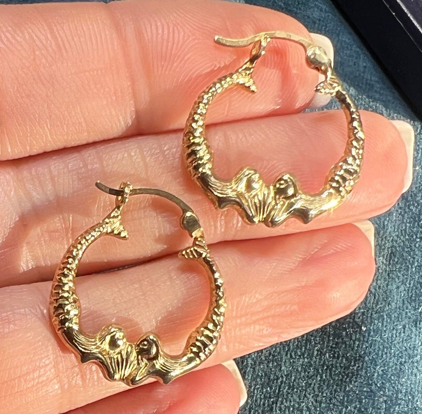 14k Yellow Gold DOUBLE MERMAID Hoop Earrings. Medium 0.9"