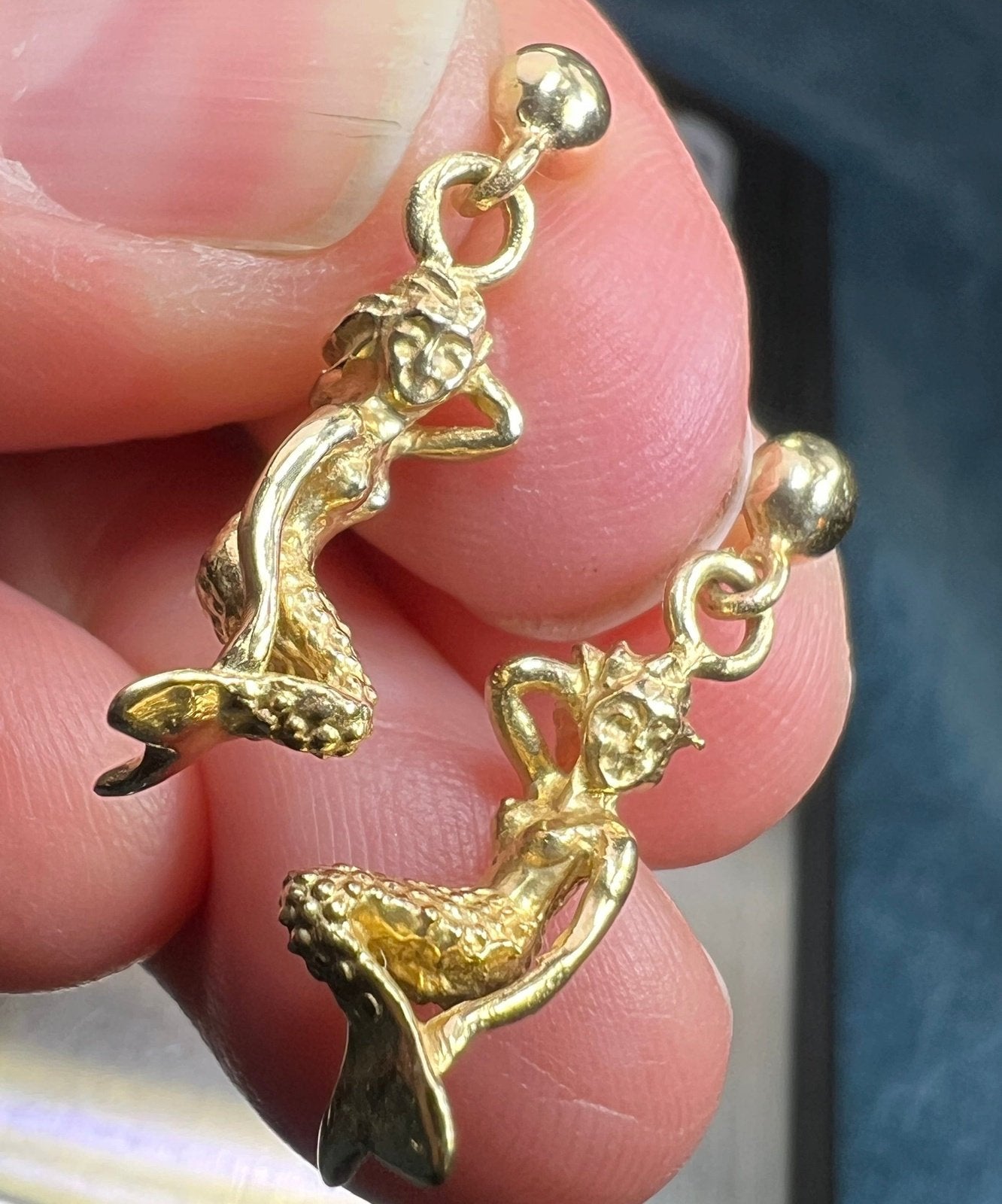 14k Yellow Gold Dangling Pin Up MERMAID Earrings Sea Green Mermaid